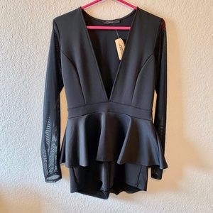 Black Deep Plunge Neck Peplum Romper